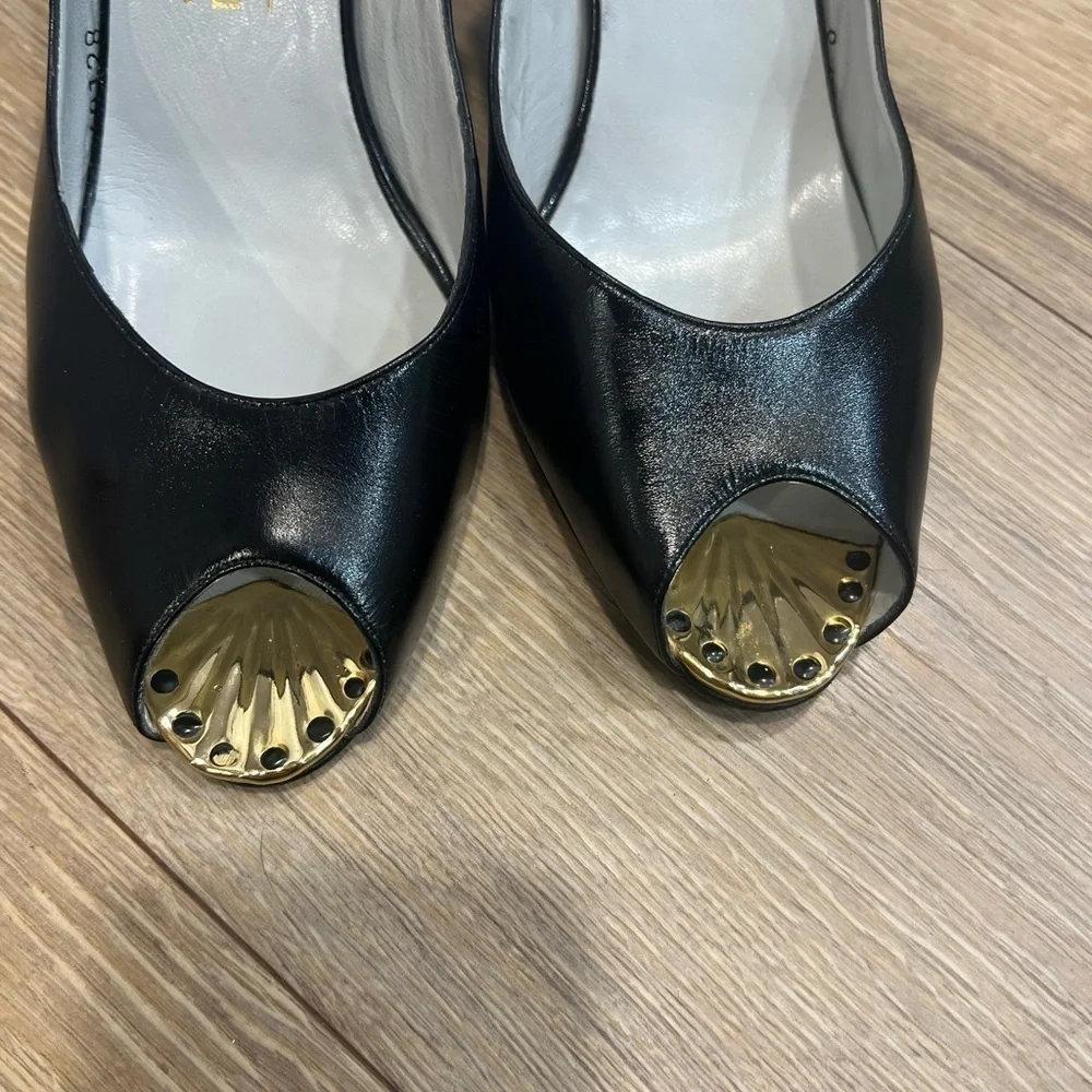BRUNO MAGLI black leather peep toe sling shoes with gold accent on the toe - Picture 6 of 16